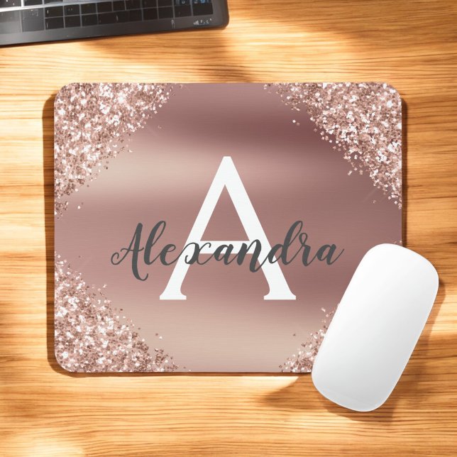 Rose Gold Sparkle Glitter Monogram Name Mousepad (Creator Uploaded)