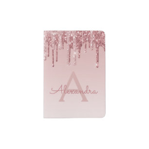 Rose Gold Sparkle Glitter Monogram Name Passport Holder