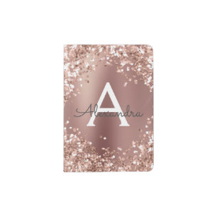 Rose Gold Sparkle Glitter Monogram Name Passport Holder