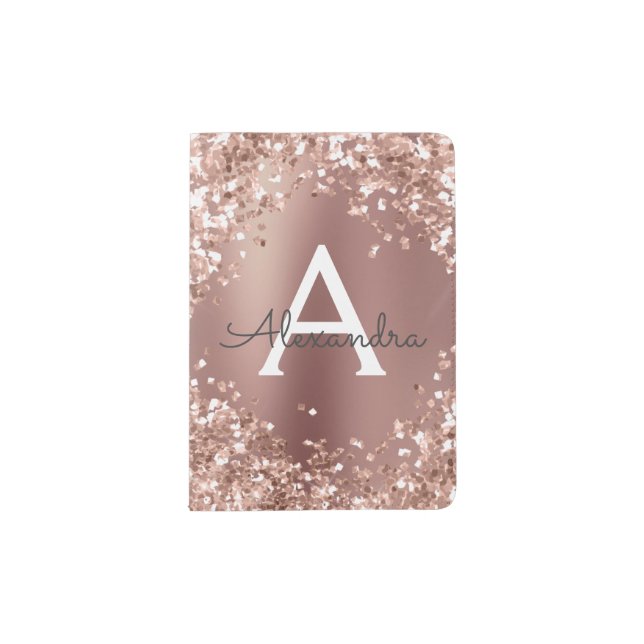 Rose Gold Sparkle Glitter Monogram Name Passport Holder (Front)
