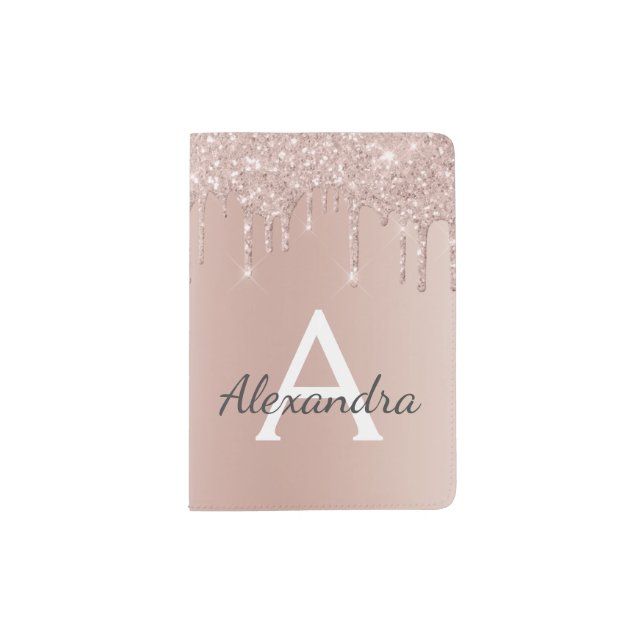 Rose Gold Sparkle Glitter Monogram Name Passport Holder (Front)