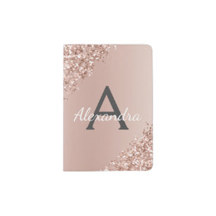 Rose Gold Sparkle Glitter Monogram Name Passport Holder