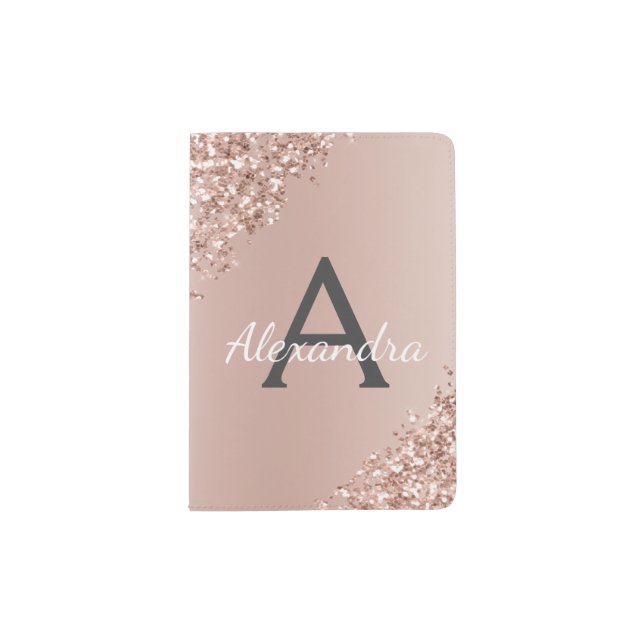 Rose Gold Sparkle Glitter Monogram Name Passport Holder (Front)