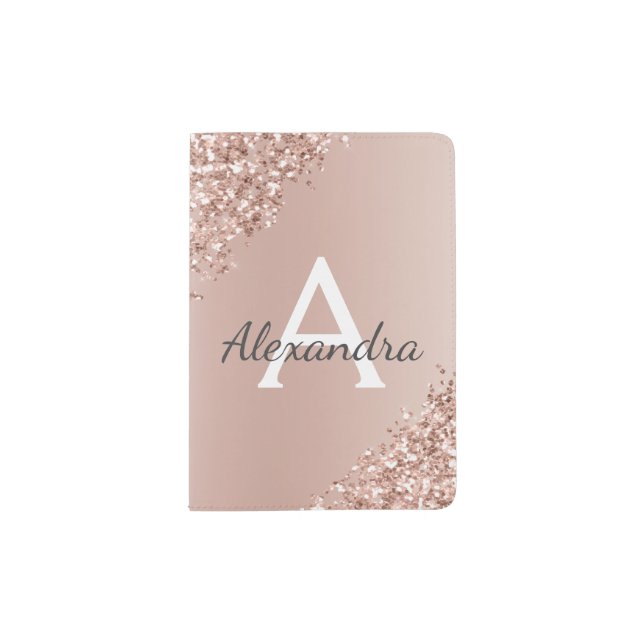 Rose Gold Sparkle Glitter Monogram Name Passport Holder (Front)