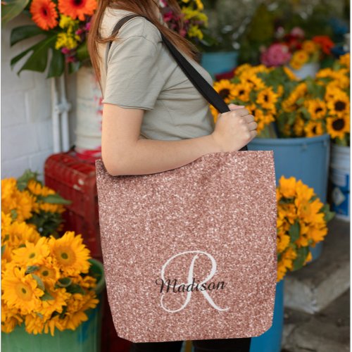 Rose Gold Sparkle Glitter Monogram Pretty Tote Bag