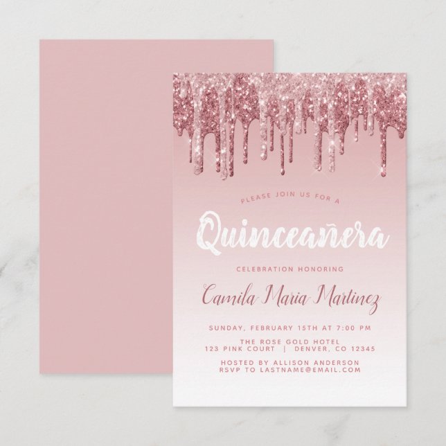 Rose Gold Sparkle Glitter Quinceanera Celebration Invitation (Front/Back)
