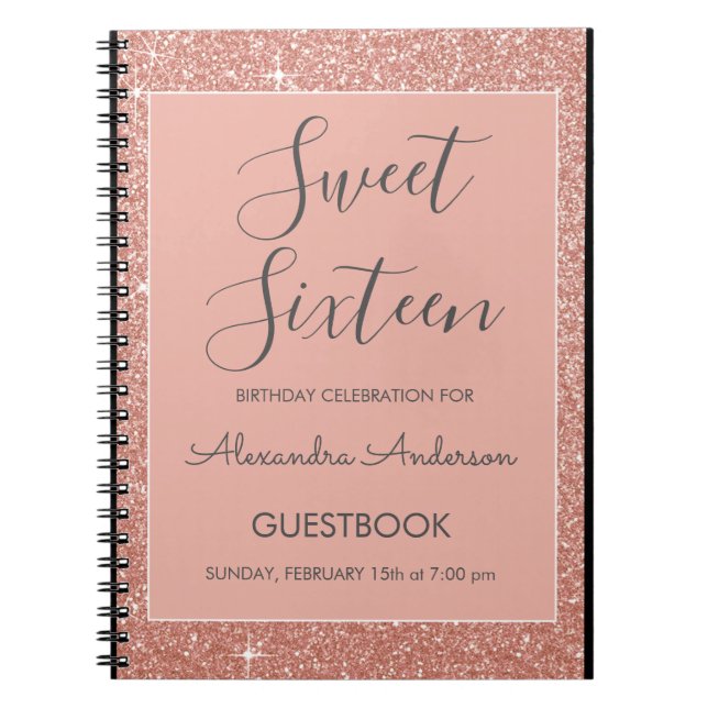 Rose Gold Sparkle Glitter Sweet 16 Guestbook Notebook (Front)