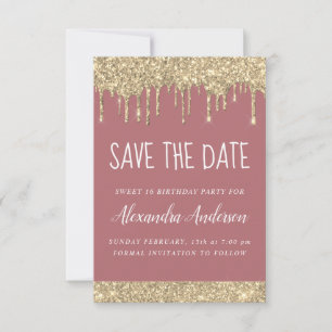 Rose Gold Sparkle Glitter Sweet 16 Save the Date Invitation