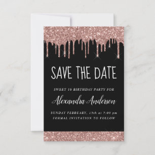 Rose Gold Sparkle Glitter Sweet 16 Save the Date Invitation