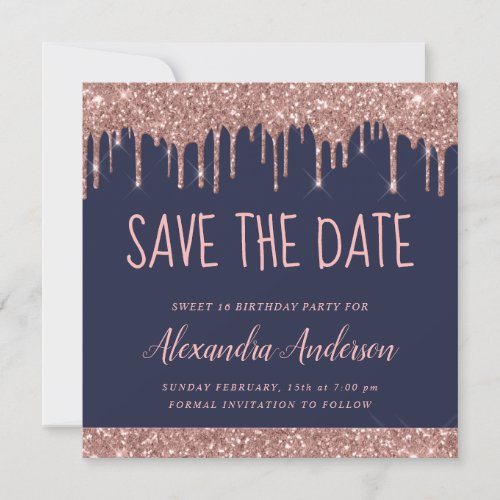Rose Gold Sparkle Glitter Sweet 16 Save the Date Invitation