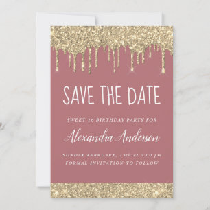 Rose Gold Sparkle Glitter Sweet 16 Save the Date Invitation