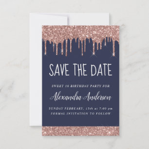 Rose Gold Sparkle Glitter Sweet 16 Save the Date Invitation