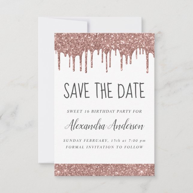 Rose Gold Sparkle Glitter Sweet 16 Save the Date Invitation (Front)