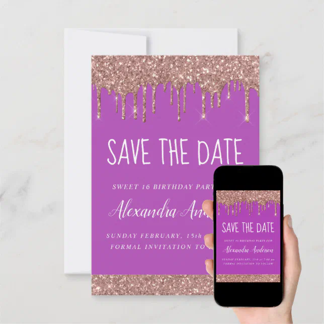 Rose Gold Sparkle Glitter Sweet 16 Save The Date Invitation Zazzle 