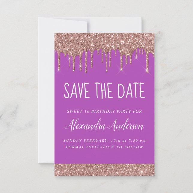 Rose Gold Sparkle Glitter Sweet 16 Save the Date Invitation (Front)