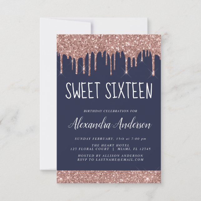 Rose Gold Sparkle Glitter Sweet Sixteen Birthday Invitation (Front)