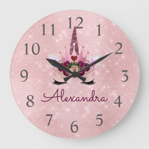 Rose Gold Sparkle Glitter Unicorn Monogram Name Large Clock