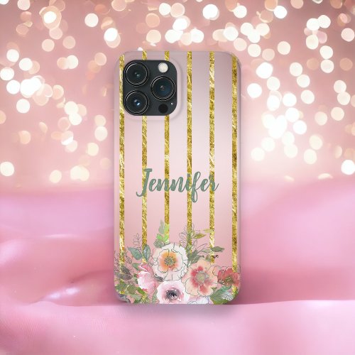 Rose Gold Sparkle Gold Stripe With Flowers iPhone 13 Pro Max Case