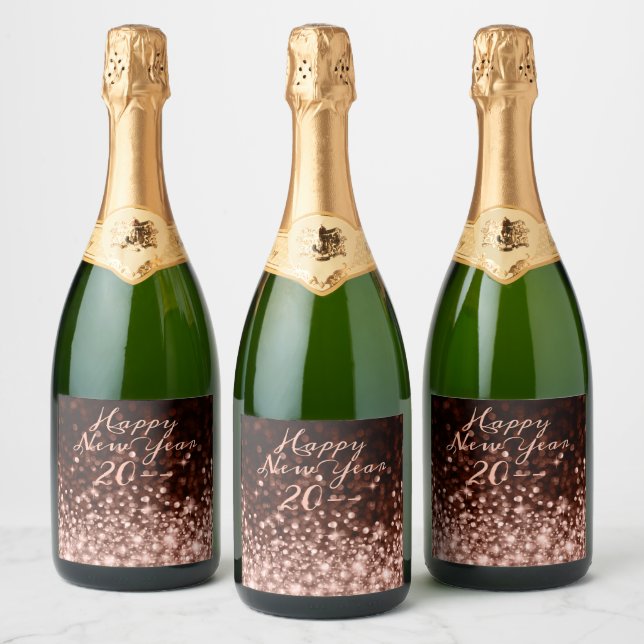 Rose Gold Sparkle Happy New Year Sparkling Wine Label (Bottles)