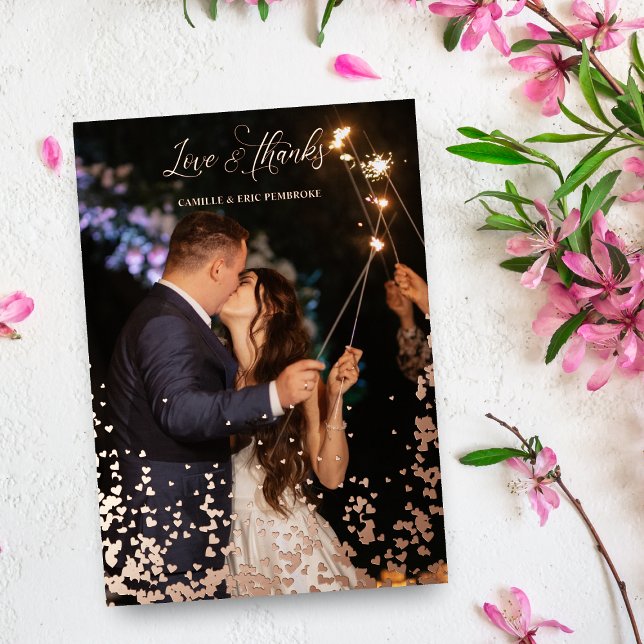 Rose Gold Sparkle Hearts 2 Photos Love & Thanks Foil Invitation (Sparkle Hearts 2 Photos Wedding Love & Thanks Quote Metallic Foil Wedding Thank You Card. Rose Gold.)