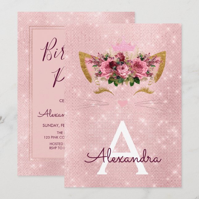 Rose Gold Sparkle Kitten Girly Birthday Party Invitation (Front/Back)