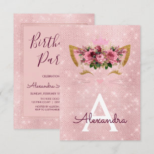Rose Gold Sparkle Kitten Girly Birthday Party Invitation