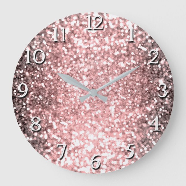 Rose Gold Sparkle Lights Girls Glittery Sparkly Large Clock (Front)