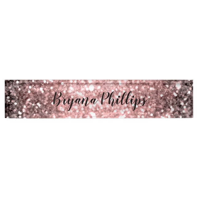 Rose Gold Sparkle Lights Glitter Sparkly Beauty Desk Name Plate (Front)