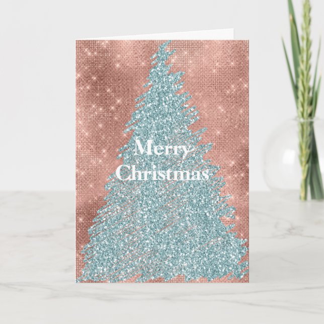 Rose Gold Sparkle Mint Glitter Tree Card (Front)