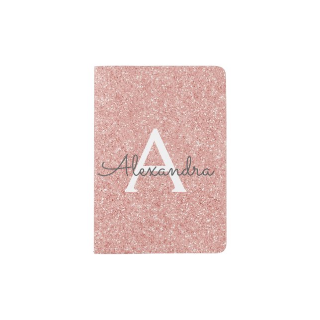 Rose Gold Sparkle Monogram Name Passport Holder (Front)