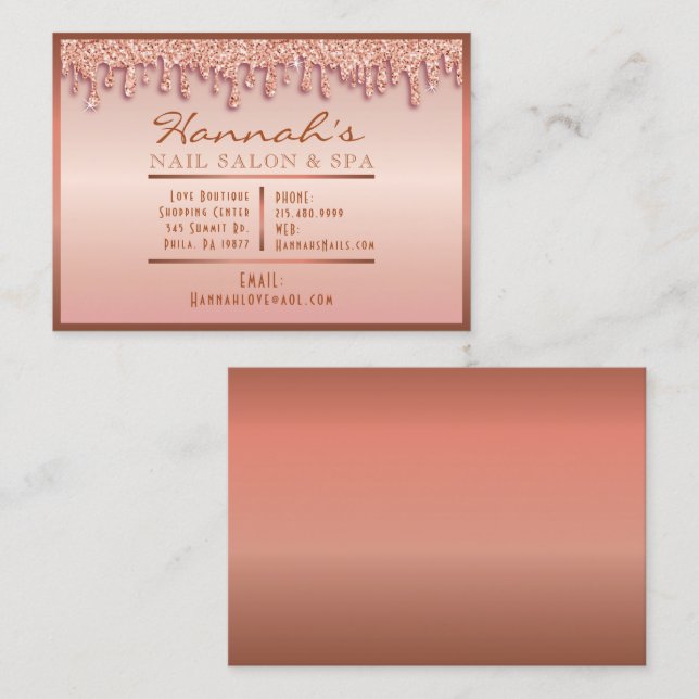Rose Gold Sparkle Nail Salon Spa Glitter Peach Business Card (Front/Back)