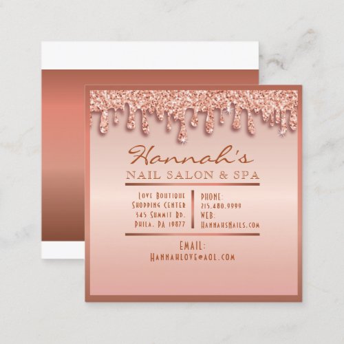Rose Gold Sparkle Nail Salon Spa Glitter Peach Square Business Card