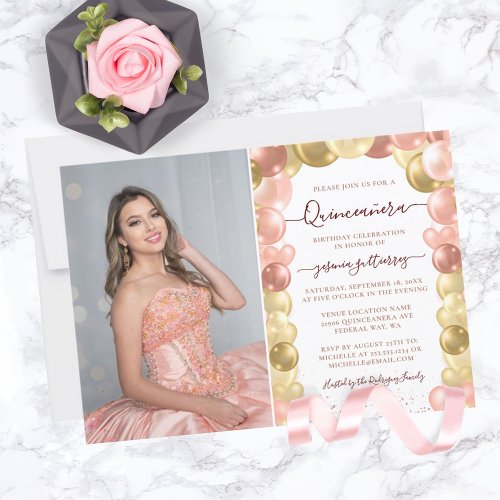 Rose Gold Sparkle Photo Quinceaera Balloon Invitation