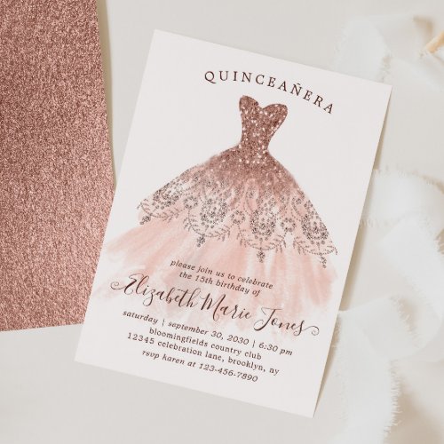 Rose Gold Sparkle Pink Dress QUINCEAERA Birthday Invitation