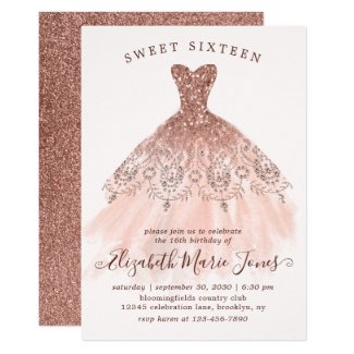 Rose Gold Sparkle Pink Dress Sweet 16th Birthday Invitation