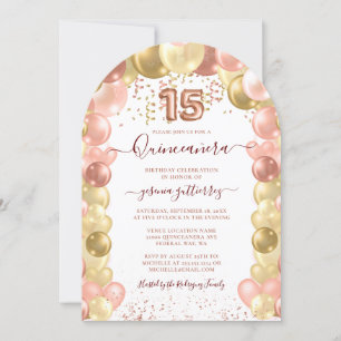 Rose Gold Sparkle Quinceañera Balloon Invitation