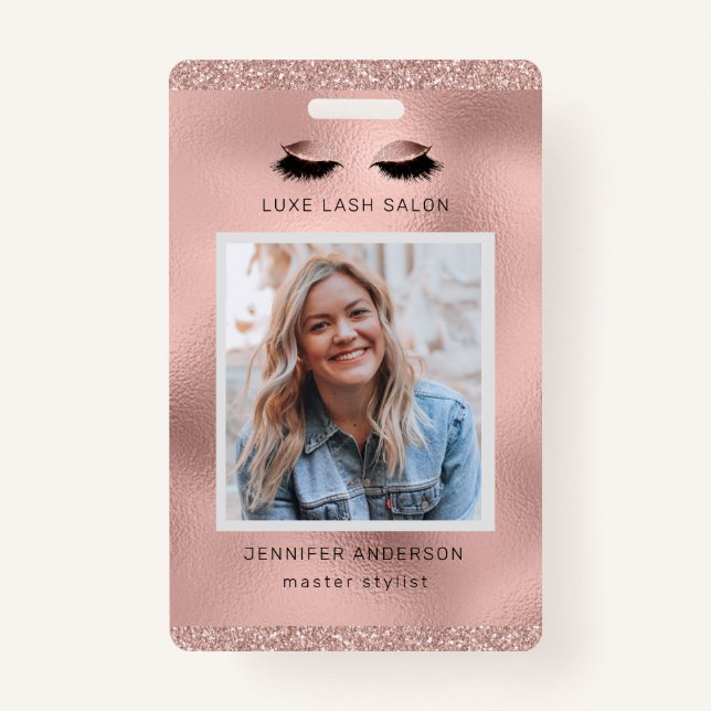 Rose Gold Sparkle Salon Logo Photo Stylist ID Badge (Front)