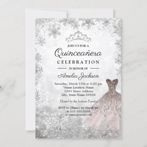 Rose Gold Sparkle Snowflakes Winter Quinceanera Invitation