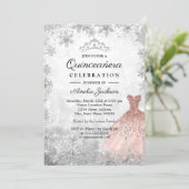 Rose Gold Sparkle Snowflakes Winter Quinceanera Invitation (Standing Front)