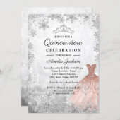 Rose Gold Sparkle Snowflakes Winter Quinceanera Invitation (Front/Back)