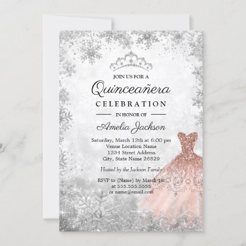 Rose Gold Sparkle Snowflakes Winter Quinceanera Invitation