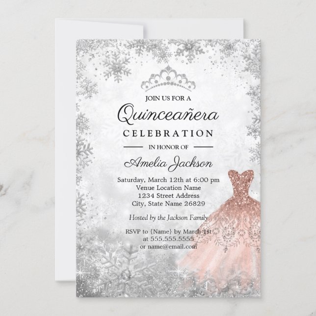 Rose Gold Sparkle Snowflakes Winter Quinceanera Invitation (Front)