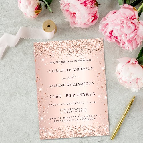 Rose gold sparkle two persons twins birthday party invitation