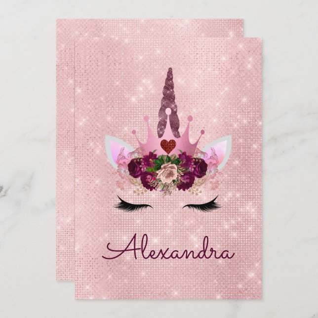 Rose Gold Sparkle Unicorn Sweet Sixteen Birthday Invitation (Front/Back)