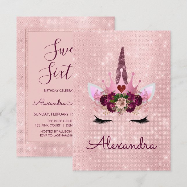 Rose Gold Sparkle Unicorn Sweet Sixteen Birthday Invitation (Front/Back)