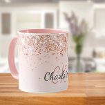 Rose gold sparkles name script  mug<br><div class="desc">A rose gold gradient background. Decorated with faux glitter sparkles. Personalize and add a your monogram letters,  initials and name. The name is written with a modern hand lettered style script</div>