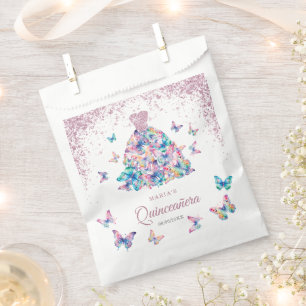 Rose Gold Sparkling Butterflies Gown Quinceanera Favor Bag