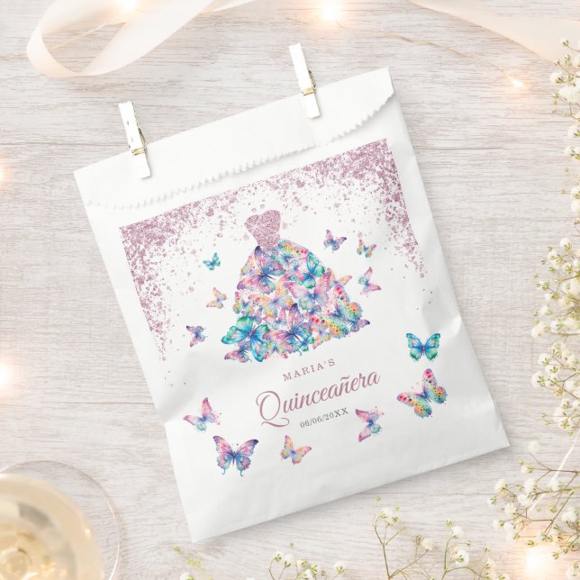 Rose Gold Sparkling Butterflies Gown Quinceanera Favor Bag (Clipped)