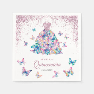 Rose Gold Sparkling Butterflies Gown Quinceanera Napkins