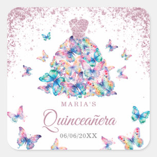 Rose Gold Sparkling Butterflies Gown Quinceanera Square Sticker
